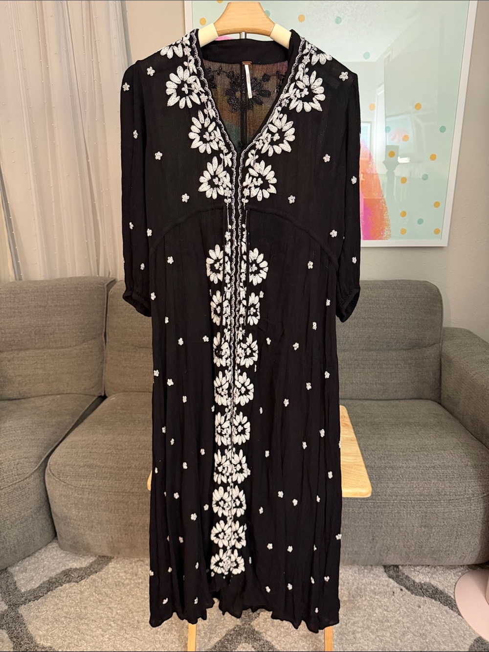 Free People Black Maxi Dress with White Floral Embroidery